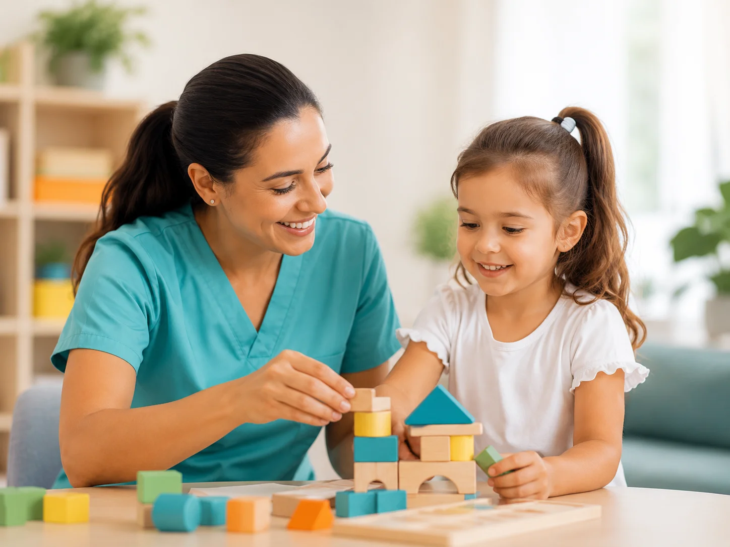Carer playing with a child using blocks.